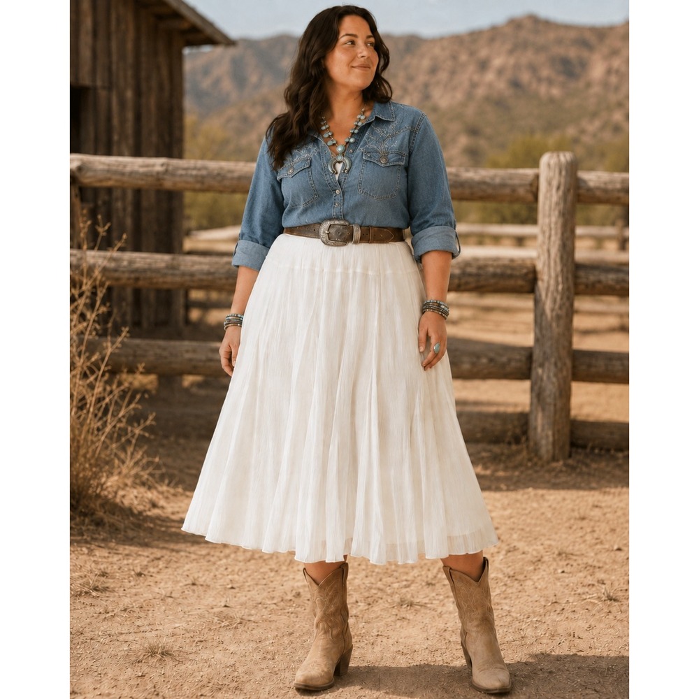 Lark Lane Women's Size 12 White Crinkle Gauze Midi Skirt Boho Western Lined